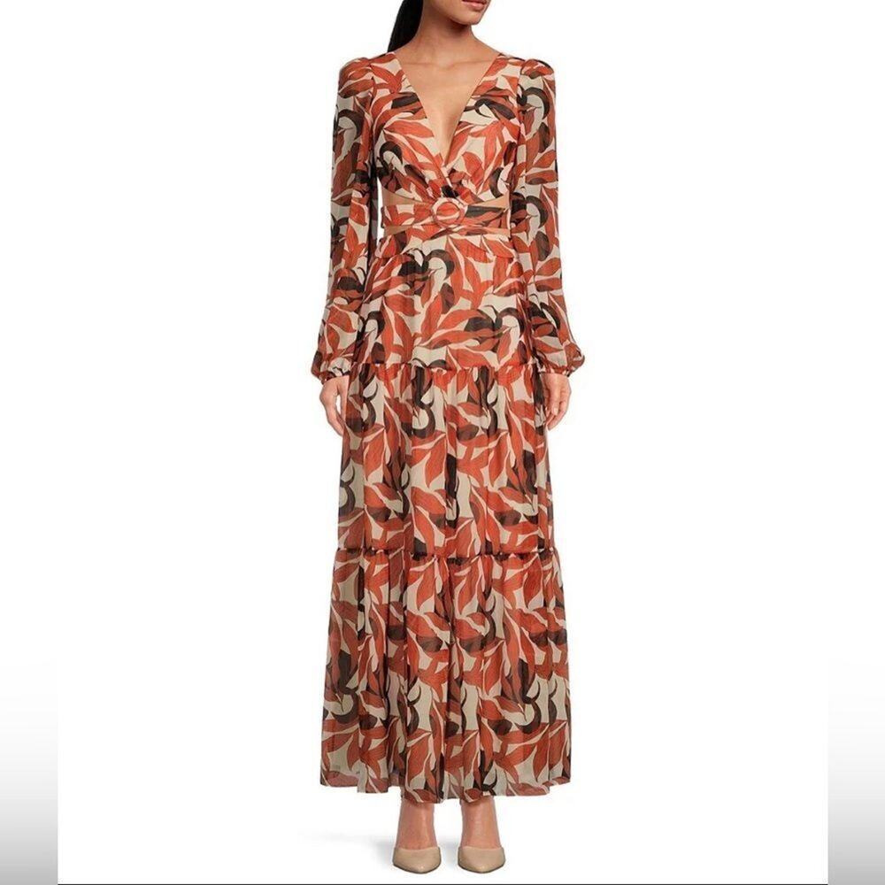 Gianni Bini $259 Lillian Copper Palm Print Cut-Out Max Boho Dress Size 0